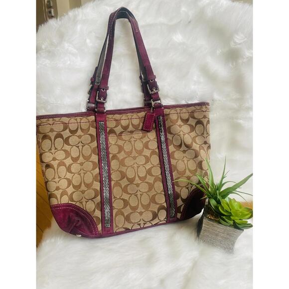 Coach Signature Canvas Tote Bag with Burgundy Suede Trim - Picture 1 of 8